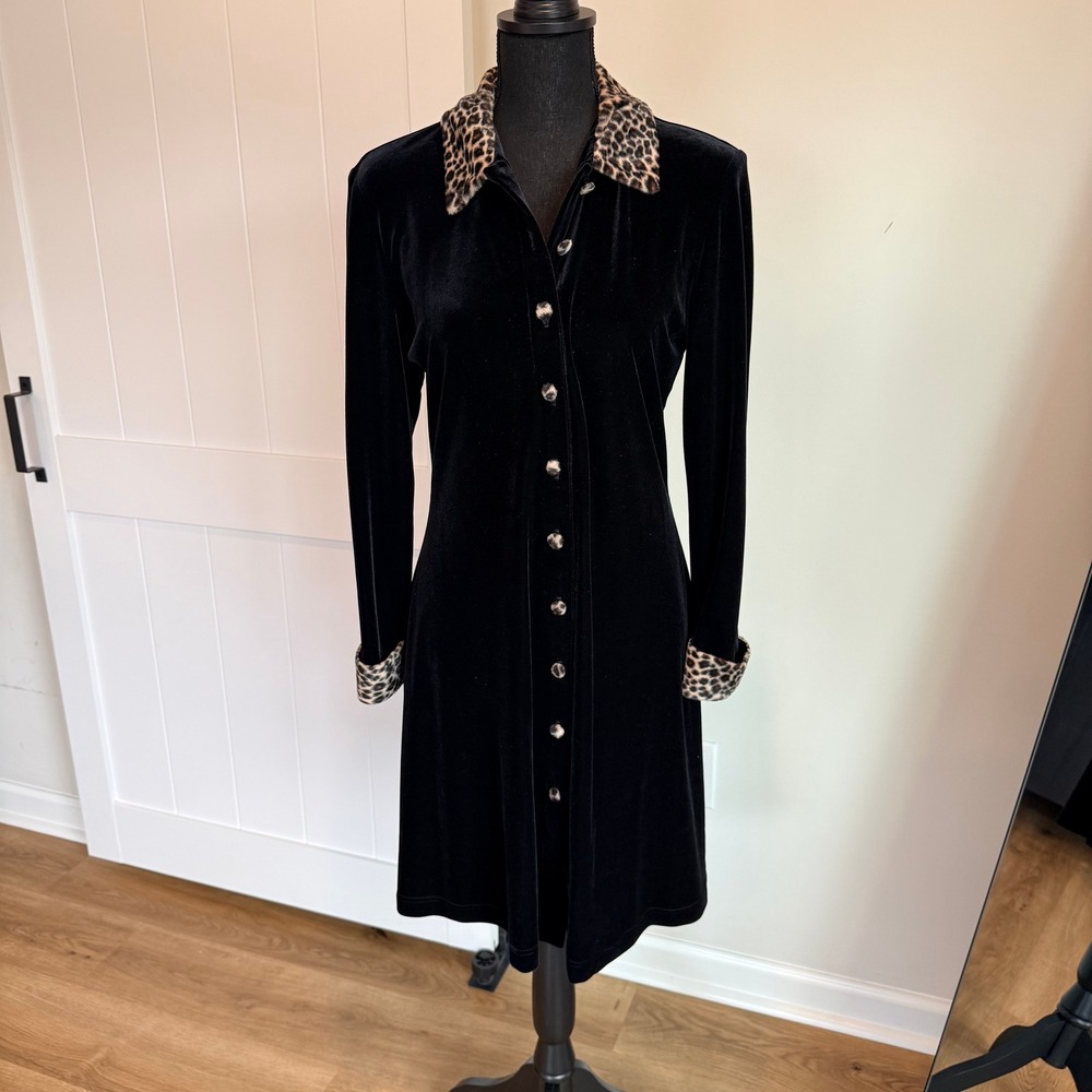 VTG Ronni Nicole Black Velvet Leopard Trim Button Front Midi Dress Size 10